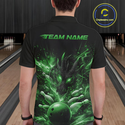Custom Green Fire Flame Dragon Bowling Jerseys. Dragon Bowling Men Polo Shirt IPHW10284