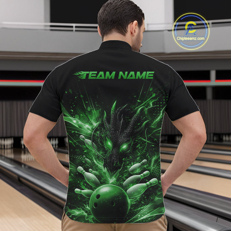 Custom Green Fire Flame Dragon Bowling Jerseys. Dragon Bowling Men Quarter-Zip Shirt IPHW10284