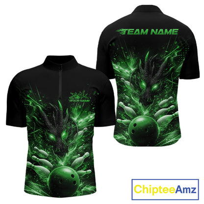 Custom Green Fire Flame Dragon Bowling Jerseys. Dragon Bowling Men Quarter-Zip Shirt IPHW10284