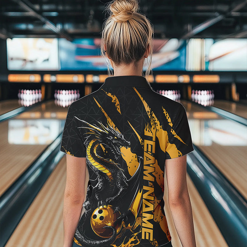 Custom Black And Gold Dragon Bowling Team Womens Quarter-Zip Shirts, Dragon Bowling Jerseys IPHW8923