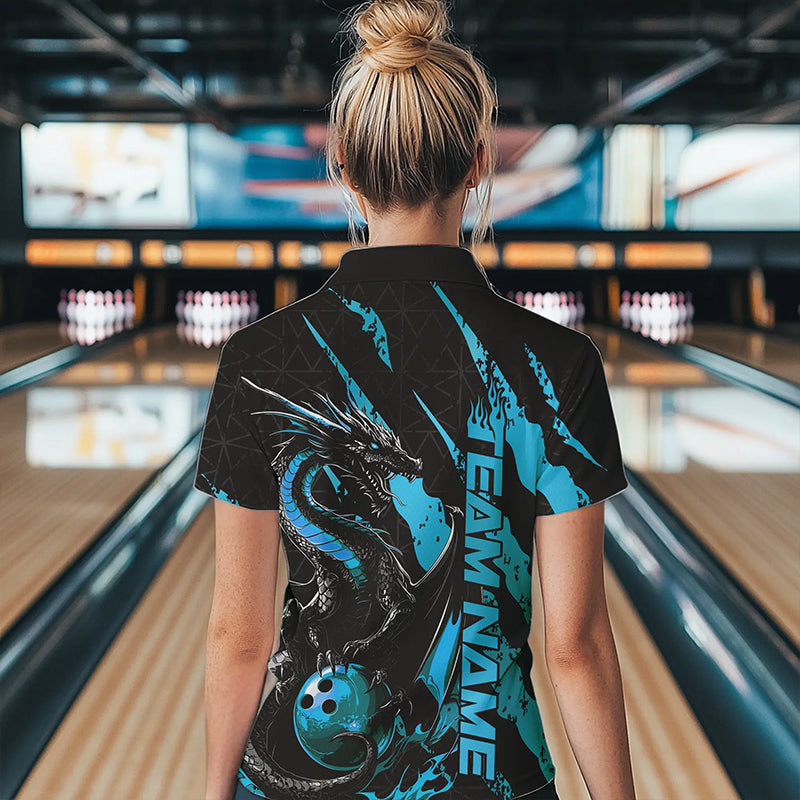 Custom Black And Blue Dragon Bowling Team Polo Shirts For Women, Dragon Bowling Jerseys IPHW8925