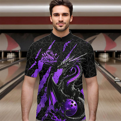 Custom Black And Purple Dragon Bowling Team Quarter-Zip Shirts For Men, Dragon Bowling Jerseys IPHW8926