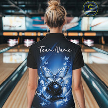 Load image into Gallery viewer, Custom Blue Butterfly Bowling Women Polo Shirt, Bowling Tournament Team Shirt IPHW11034
