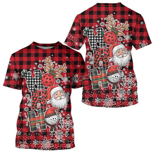 Red Plaid Ho Ho Ho Christmas Pickleball Custom T-Shirts For Men And Women, Christmas Pickleball Outfits Gifts IPHW7738