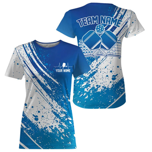 Custom Blue And White Pickleball T-Shirts For Women, Pickleball Heartbeat Pulse Line IPHW8200