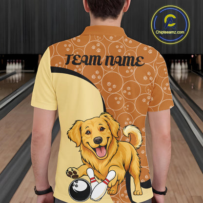 Custom Cute Funny Golden Retriever Dog Bowling Men Polo Shirts, Dog Lovers Bowling Shirt IPHW10285