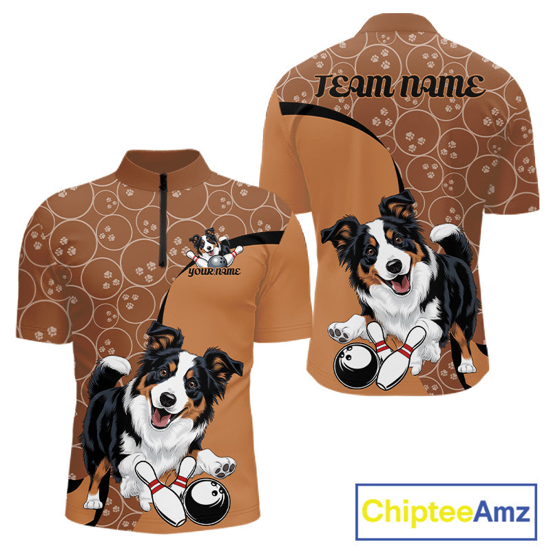 Custom Cute Funny Border Collie Dog Bowling Men Quarter-Zip Shirts, Dog Lovers Bowling Shirt IPHW10287