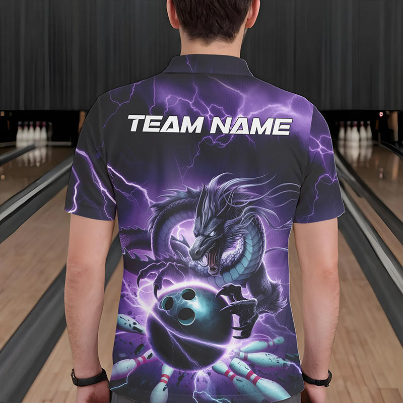 Custom Black And Purple Thunder Lightning Dragon Bowling Polo Shirts For Men, Team Uniform IPHW8679