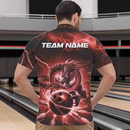 Custom Black And Red Thunder Lightning Dragon Bowling Quarter-Zip Shirts For Men, Team Uniform IPHW8681