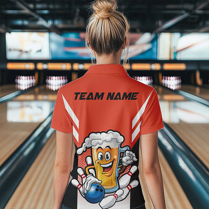 Custom Funny Beer Bowling Polo Shirts For Women, Orange Bowling Team Bowling League Shirt IPHW8931