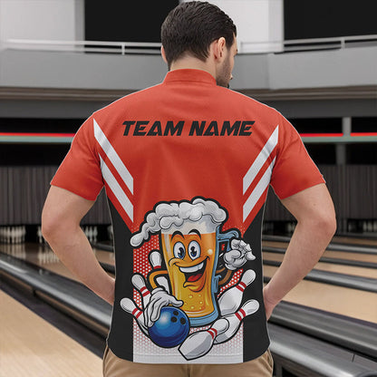 Custom Funny Beer Bowling Quarter-Zip Shirts For Men, Orange Bowling Team Bowling League Shirt IPHW8931