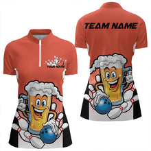 Load image into Gallery viewer, Custom Funny Beer Bowling Quarter-Zip Shirts For Women, Orange Bowling Team League Shirt IPHW8931