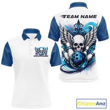 Load image into Gallery viewer, Close of a white mens bowling shirt with polo collar, red skull-themed bowling graphic with black wings, pins, bowling ball