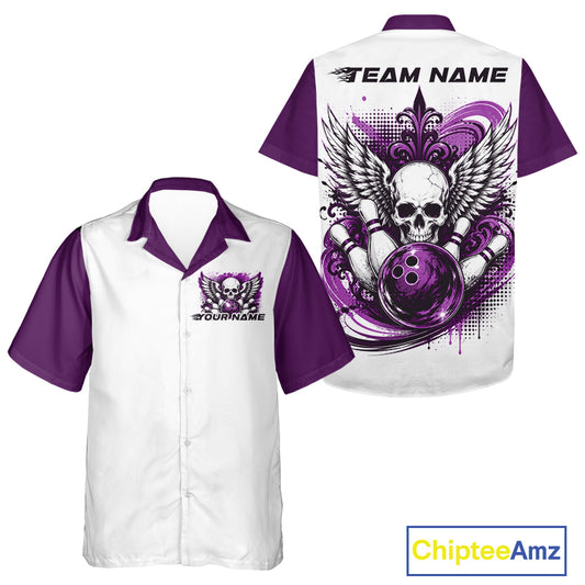 Front and back views of a custom bowling button-up shirt featuring a gothic winged skull design with a purple bowling ball, bowling pins, ornamental swirls, and personalized name on a white and purple shirt.
