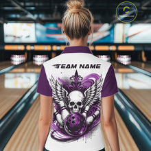 Load image into Gallery viewer, Back view of a woman in a bowling alley wearing a bowling shirt with polo collar, purple skull-themed bowling graphic with black wings, pins, bowling ball shirt with “Team Name” across the shoulders.