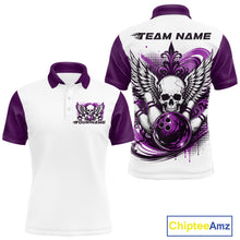 Load image into Gallery viewer, Front and back views of a white mens bowling shirt with polo collar, purple skull-themed bowling graphic with black wings, pins, bowling ball