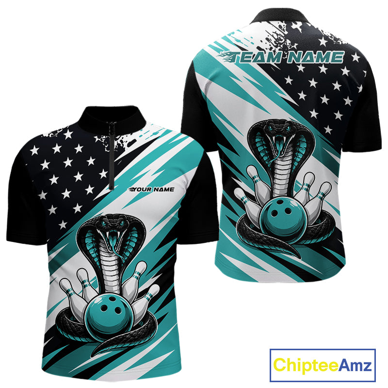 Front and back views of a black, white, and blue thin line american flag bowling men quarter zip shirt with cobra artwork, bowling pins, an blue ball, and customizable name text.