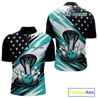 Front and back views of a black, white, and blue thin line american flag bowling men quarter zip shirt with cobra artwork, bowling pins, an blue ball, and customizable name text.