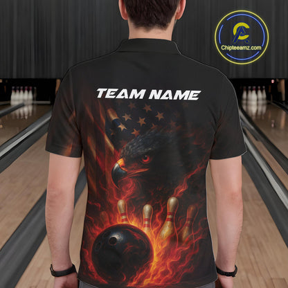 Custom Vintage Patriotic Flame Eagle Bowling Men Shirts, US Flag Bowling League Shirt IPHW10145
