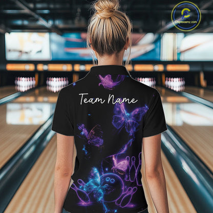 Custom Blue And Purple Butterfly Women Bowling Team Shirts, Ladies Bowling League Shirt IPHW10156