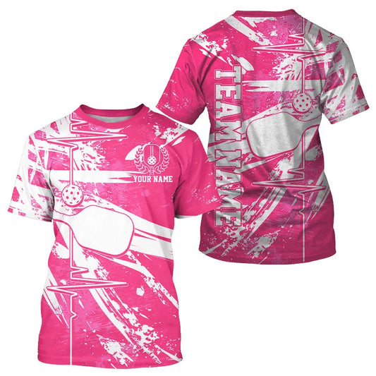 Pink And White Pickleball Heartbeat Pulse Line Custom Pickleball Team T-Shirts For Men IPHW8212