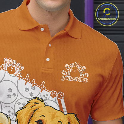 Custom Cute Funny Golden Retriever Dog Bowling Men Polo Shirts, Dog Lovers Bowling Shirt IPHW10290