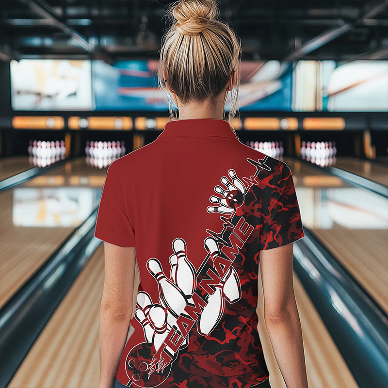 Custom Red Camo Strike Womens Bowling Polo Shirts, Strike Team Bowling League Shirt Shirt IPHW8443