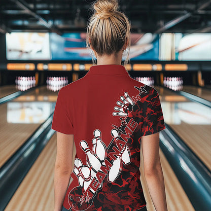 Custom Red Camo Strike Womens Bowling Polo Shirts, Strike Team Bowling League Shirt Shirt IPHW8443