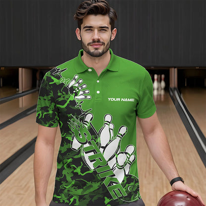 Custom Green Camo Strike Bowling Polo Shirts For Men, Strike Team Bowling League Shirt Shirt IPHW8445