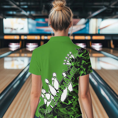 Custom Green Camo Strike Womens Bowling Polo Shirts, Strike Team Bowling League Shirt Shirt IPHW8445