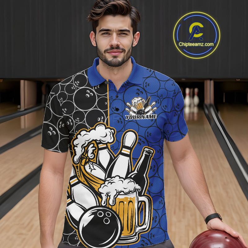 Custom Black And Blue Retro Bowling Beer Team Shirts For Men, Bowling Pattern Jerseys IPHW10537