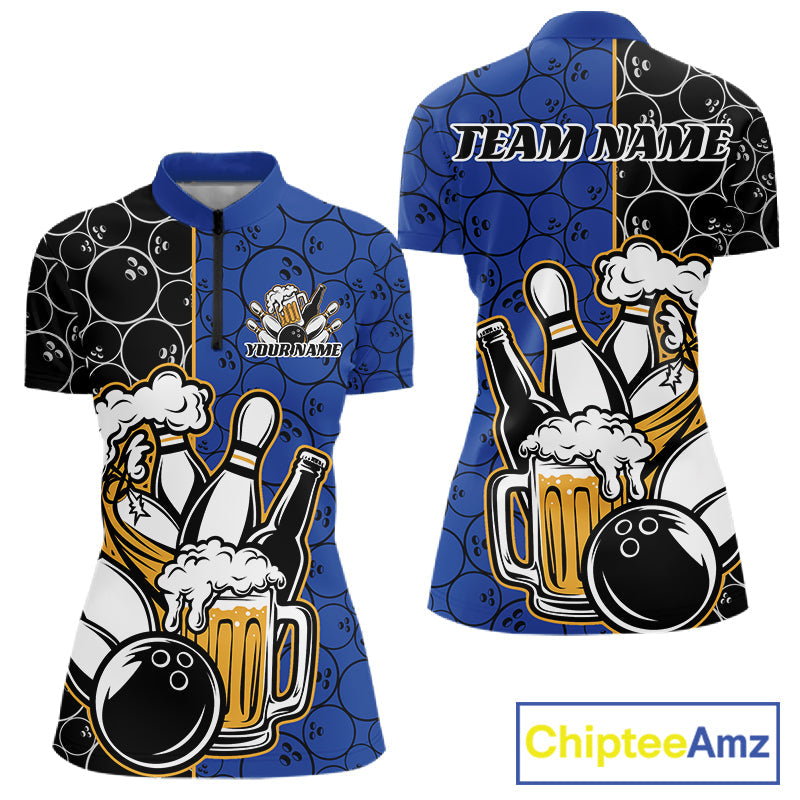 Custom Black And Blue Retro Bowling Beer Team Shirts For Women, Bowling Pattern Jerseys IPHW10537