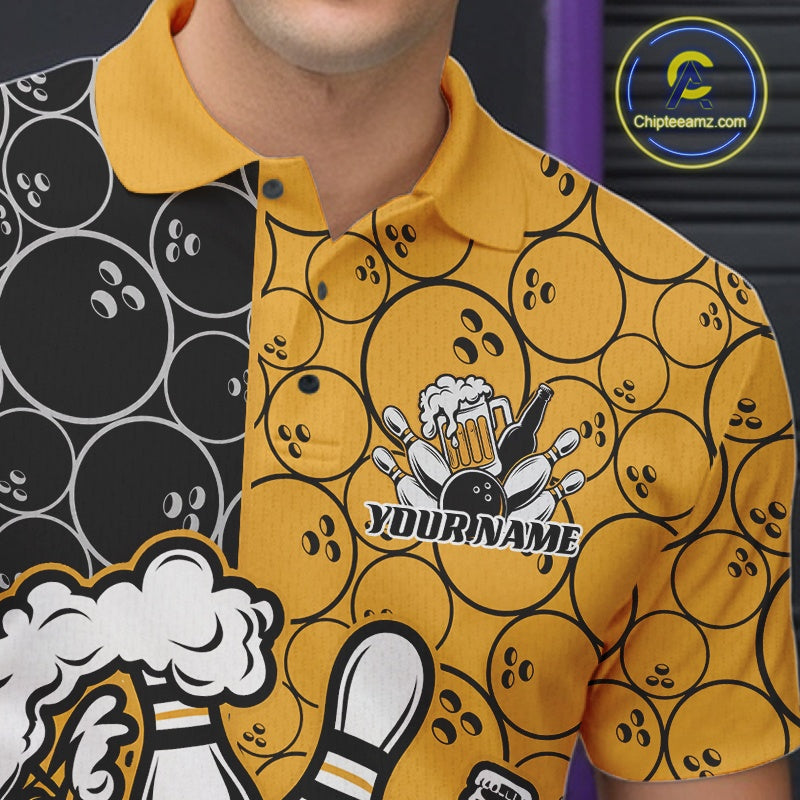Custom Black And Yellow Retro Bowling Beer Team Shirts For Men, Bowling Pattern Jerseys IPHW10538