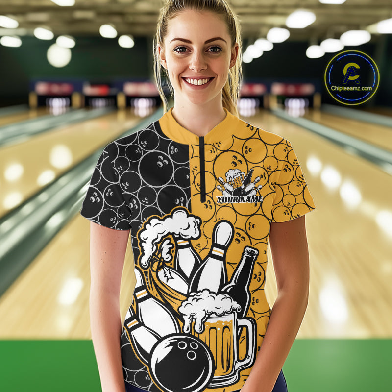 Custom Black And Yellow Retro Bowling Beer Team Shirts For Women, Bowling Pattern Jersey IPHW10538