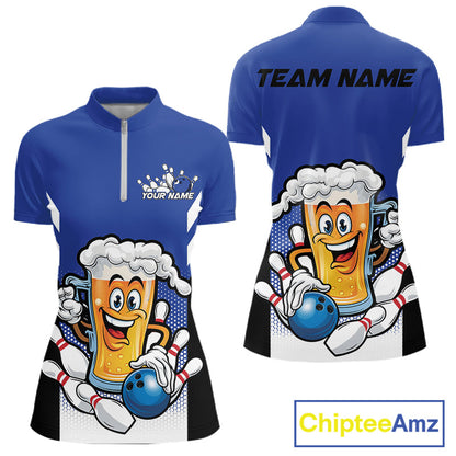 Custom Funny Blue Bowling Jerseys Bowling And Beer Women Shirts, Bowling Jerseys IPHW10541