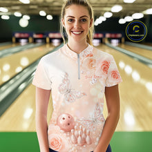 Load image into Gallery viewer, Custom Elegant Light Peach Roses And Butterfly Women Bowling Quarter-Zip Team Shirts IPHW11060