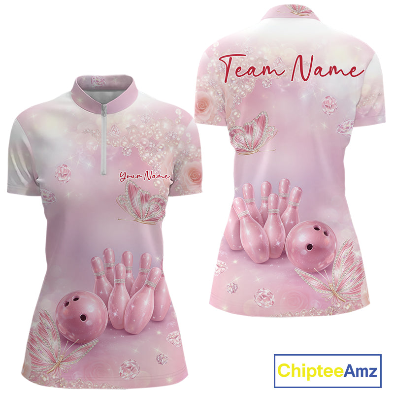 Front and back mockup of a women’s bowling quarter-zip shirt showcasing pink glitter butterflies, diamonds, bowling pins, and a bowling ball illustration.