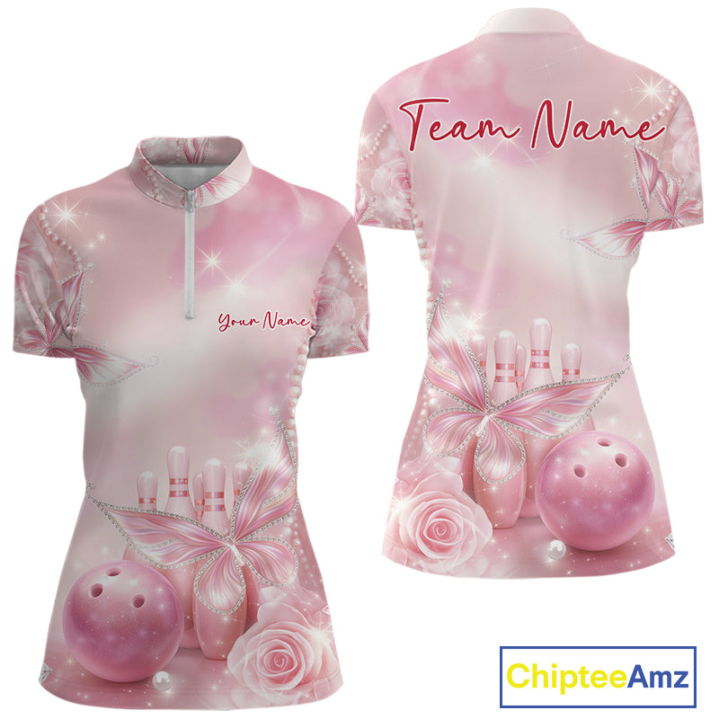 Front and back mockup of a women’s bowling quarter-zip shirt decorated with pink glitter butterflies, sparkling diamonds, bowling pins, and a bowling ball.