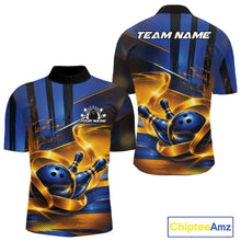 Load image into Gallery viewer, Front and back view of a men's bowling quarter zip shirt mockup featuring a glossy blue bowling ball and pins wrapped in elegant flowing gold ribbons.