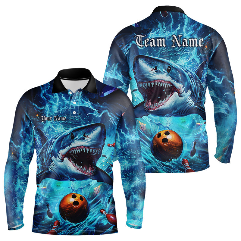 Custom Shark Team Bowling Long Sleeve Polo Shirts For Men, Shark Bowling Team Outfits IPHW8007