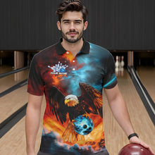 Load image into Gallery viewer, Blue And Orange Custom Flame Eagle Bowling Polo Shirts For Men, Bowling Team Shirt With Name IPHW8449