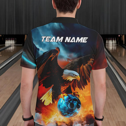 Blue And Orange Custom Flame Eagle Bowling Polo Shirts For Men, Bowling Team Shirt With Name IPHW8449
