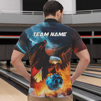 Blue And Orange Custom Flame Eagle Bowling Quarter-Zip Shirts For Men, Bowling Team Shirt With Name IPHW8449