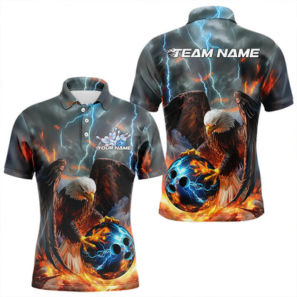 Custom Blue Thunder Lightning Flame Eagle Bowling Polo Shirts For Men, Bowling League Shirt IPHW8450