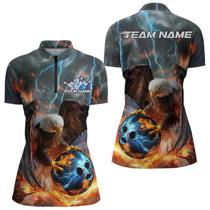 Custom Blue Thunder Lightning Flame Eagle Ladies Bowling League Quarter-Zip Shirt IPHW8450