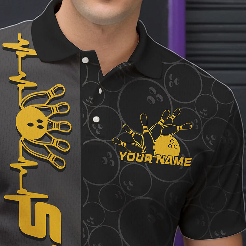 Custom Black And Gold Strike Bowling Polo Shirts For Men, Striking Team Bowling Jerseys IPHW8456