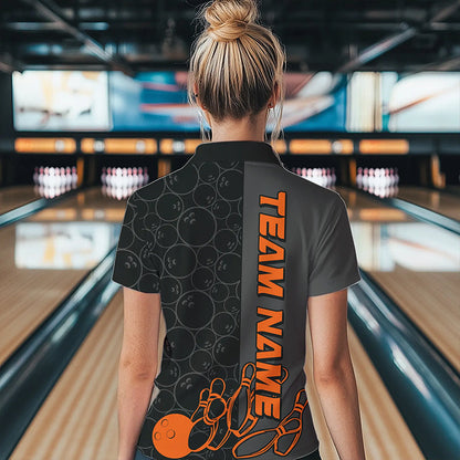 Custom Black And Orange Strike Bowling Polo Shirts For Women, Striking Team Bowling Jerseys IPHW8457