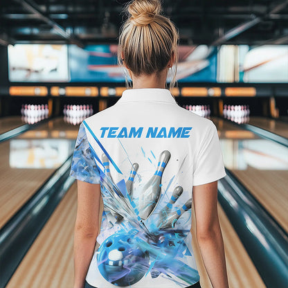 Custom White And Blue Custom Ladies Bowling Quarter-Zip Shirt, Bowling Tournament Shirt IPHW8461