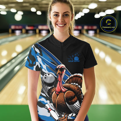 Custom Blue Camo Funny Turkey Bowling Team Shirt For Women, Turkey Bowling Jerseys IPHW10549