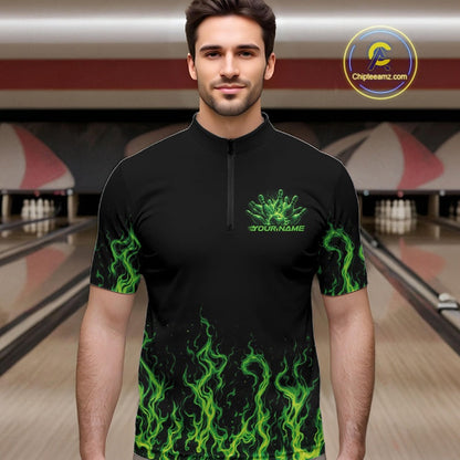 Custom Green Flame Skull Bowling Team Shirts For Men, Halloween Bowling Jerseys IPHW10552